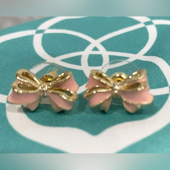 Kendra Scott Pink Enamel Bow Stud Earrings with Gold Trim New - Picture 3 of 5